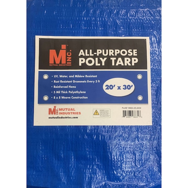 Tarp, 20 ft x 30 ft, 5 Mil, Blue, UV Resistant, Mildew Resistant